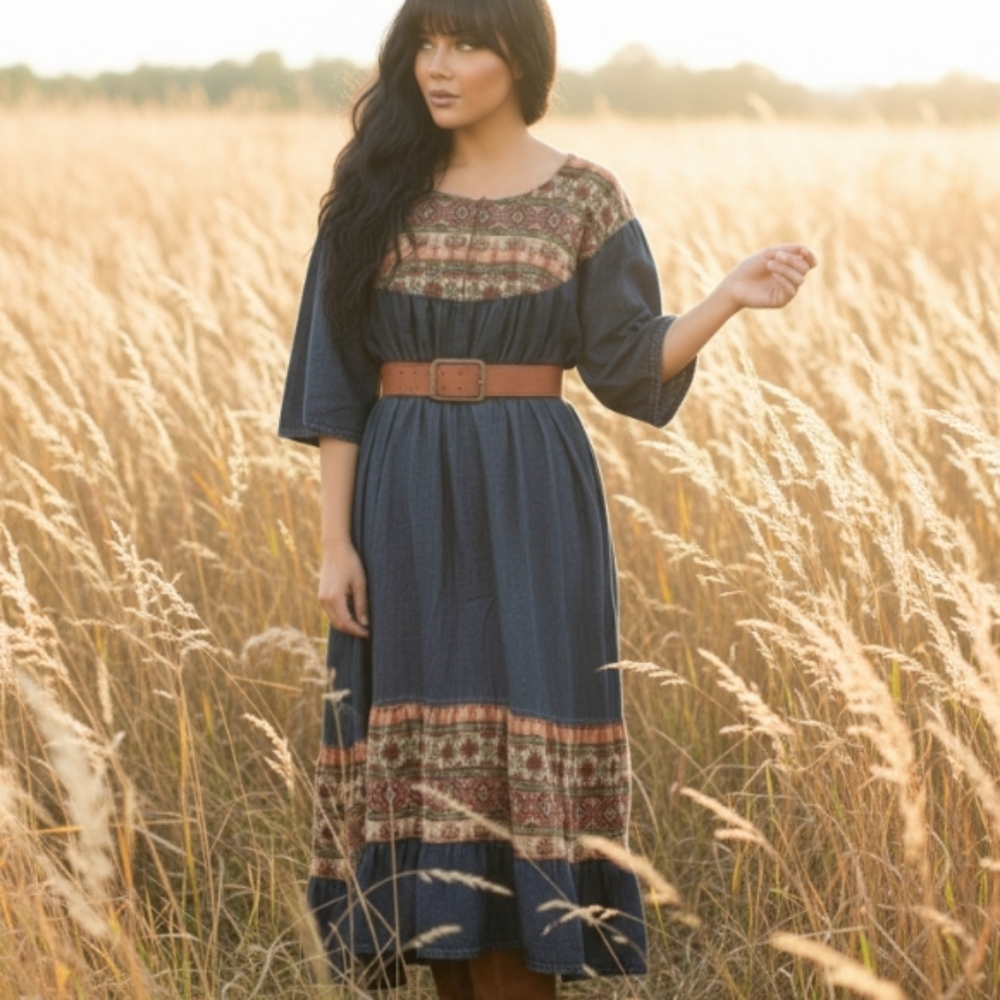 Vintage Denim Dress Western boho Print Fabric Wide Arm Style